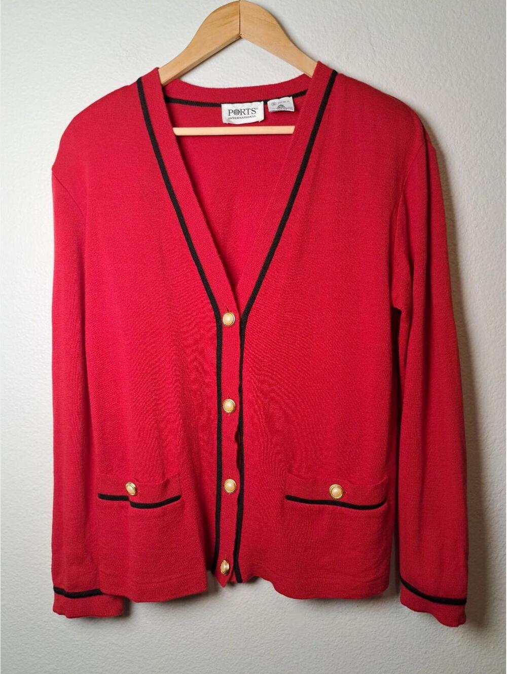 VTG PORTS International RED KNIT CARDIGAN SWEATR  100% Wool SMALL